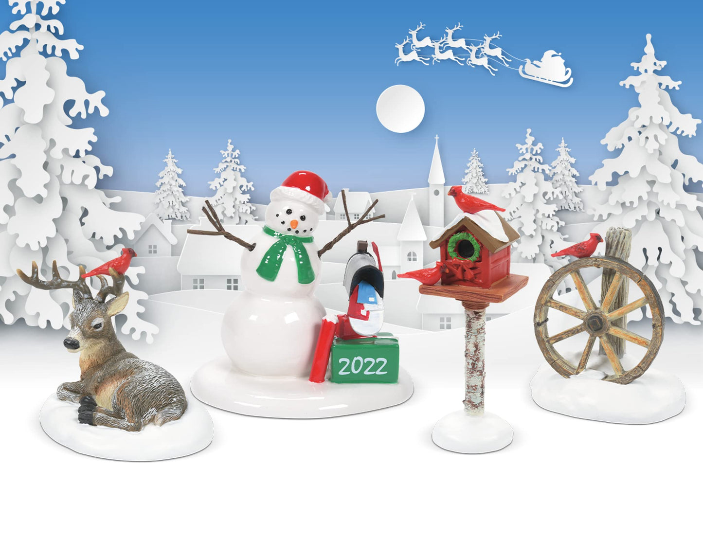 Accessories for Village Collections Cardinal and Christmas Deer Figurine, 2.375 Inch, Multicolor