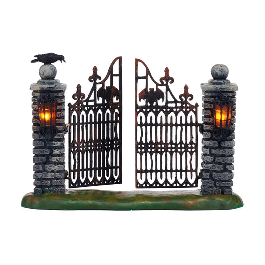 Halloween Accessories for Village Collections Mini Spooky Wrought Iron Gate Lit Figurine, 4,53 Inch, Multicolor