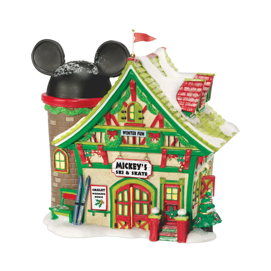 Porcelain Disney Village Mickey's Ski Chalet Lit House, 6.5 inch