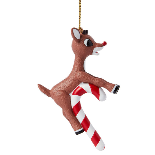 Rudolph The Red - Nosed Reindeer on Candy Cane Hanging Ornament, 4.13 Inch, Multicolor