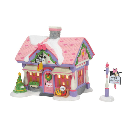 Disney Mickey Mouse Village Minnie's Shoe Boutique Lit House and Sign Figurine Set, 6.02 Inch, Multicolor