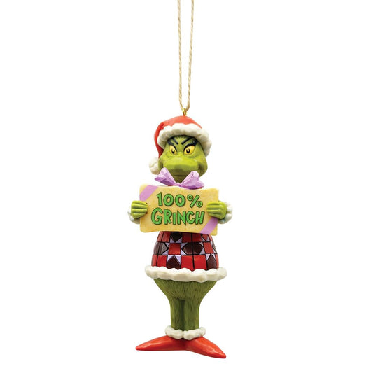 Dr. Seuss Grinch by Jim Shore One Hundred Percent Sign Grinch Hanging Ornament, Hand Crafted, Hand Painted Collectible Christmas Tree Ornaments Home Decor Collection Gift, 5 Inch, Multicolor