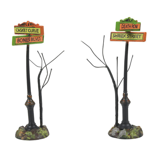 Village Accessories Halloween Creepy Village Street Sign Figurine Set, 4 Inch, Multicolor
