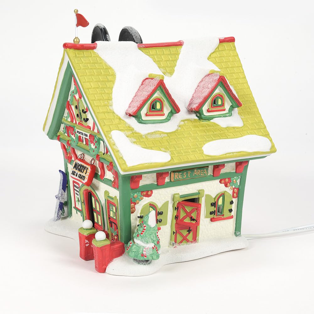 Porcelain Disney Village Mickey's Ski Chalet Lit House, 6.5 inch
