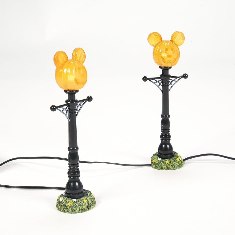 Disney Village Halloween Accessories Pumpkintown Mickey Mouse Street Lights Lit Figurine Set, 4.625 Inch, Multicolor