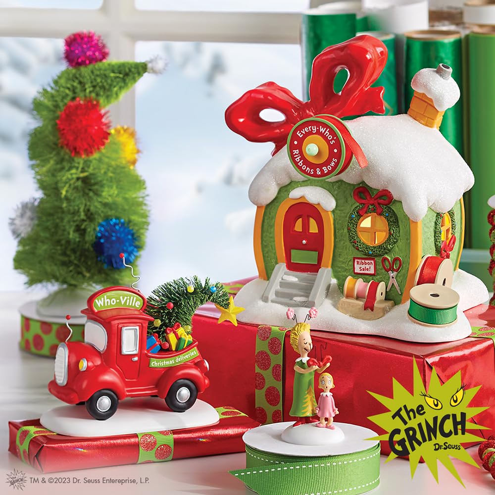 Dr. Seuss Grinch Village Every Who's Ribbon and Bows Lit Building, 6.93 Inch, Multicolor