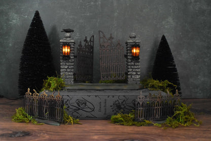 Halloween Accessories for Village Collections Mini Spooky Wrought Iron Gate Lit Figurine, 4,53 Inch, Multicolor