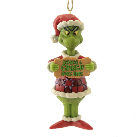 Jim Shore Dr. Seuss Beware a Grinch Lives Here Hanging Ornament, 5 Inch, Multicolor
