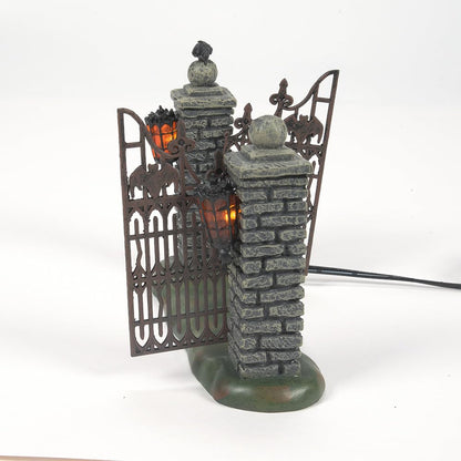 Halloween Accessories for Village Collections Mini Spooky Wrought Iron Gate Lit Figurine, 4,53 Inch, Multicolor