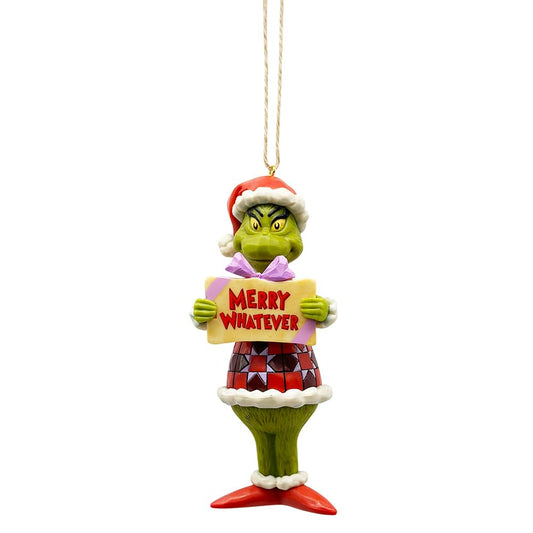 Dr. Seuss Grinch by Jim Shore Merry Whatever Sign Santa Grinch Hanging Ornament, Hand Crafted, Hand Painted Collectible Christmas Tree Ornaments Home Decor Collection Gift, 5 Inch, Multicolor