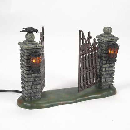 Halloween Accessories for Village Collections Mini Spooky Wrought Iron Gate Lit Figurine, 4,53 Inch, Multicolor