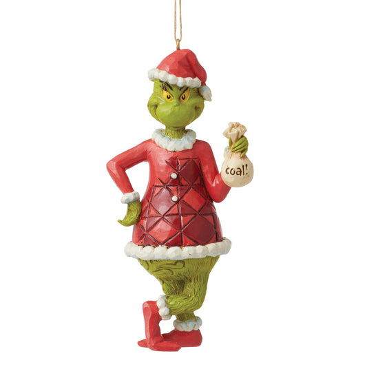 Dr. Seuss Grinch by Jim Shore Santa Grinch with Bag of Coal Hanging Ornament, Stone Resin Hand Crafted Collectible Christmas Tree Ornaments Home Decor Collection Gift, 5.12 Inch, Multicolor